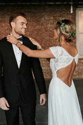 Bohemian Lace Chiffon A-Line Bateau Keyhole Back Wedding Dresses